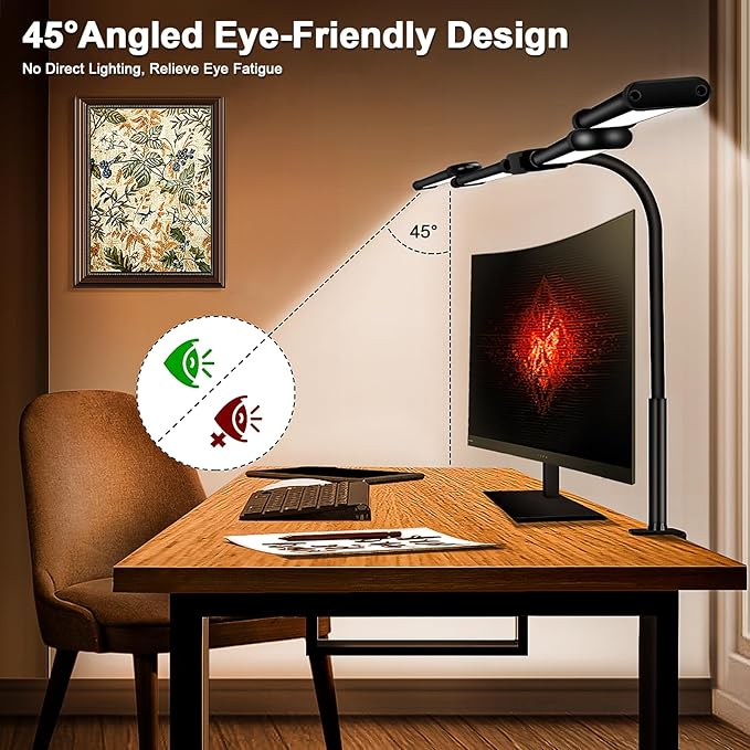 LED Desk Lamp for Home Office, 24W Bright Office Desk Lamp with Desktop Dimmer, 46" Multi-screen Computer Monitor Architect Clamp Desk Light, Color and Dimming LED Table Light for Work Study - LeafyLoom