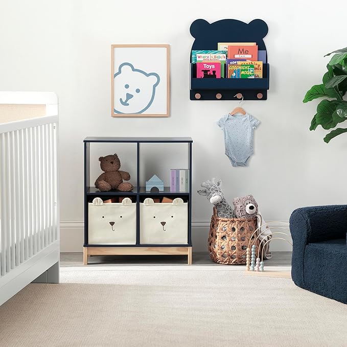 Delta Children babyGap Graham 4-in-1 Convertible Crib with Storage Drawer + Brannan Bear Bookcase with Bins + Brannan Bear Wall Shelf with 4 Hooks, Navy/Light Blue (Bundle) - LeafyLoom