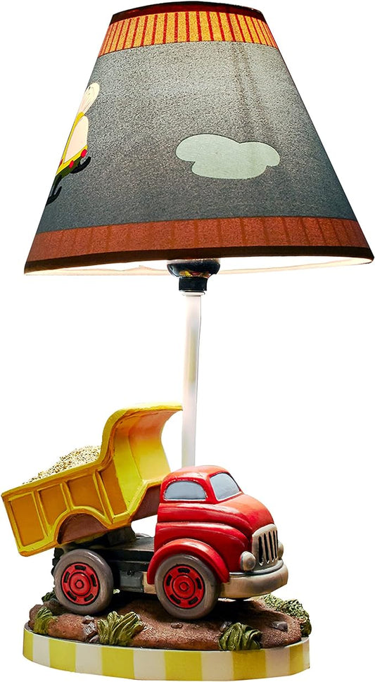 Fantasy Fields Kids Small Table Lamp, Truck Lamp, Car Lamp for Boys Room with Construction Truck Base & Helicopter Printed Shade, Transportation Themed - LeafyLoom