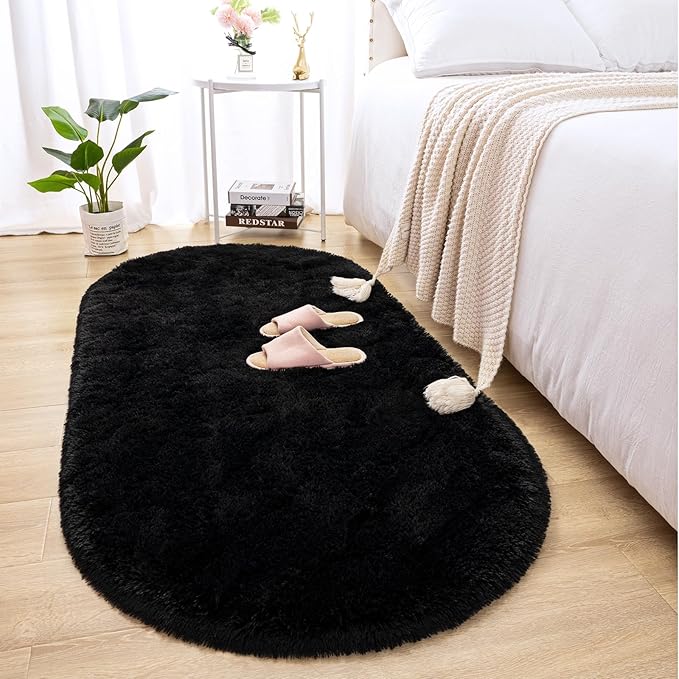 Merelax Soft Shaggy Rug for Kids Bedroom, Oval 2.6'x5.3' Black Plush Fluffy Carpets for Living Room, Furry Carpet for Teen Girls Room, Anti-skid Fuzzy Comfy Rug for Nursery Decor Cute Baby Play Mat - LeafyLoom