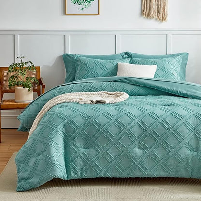 7 Pieces Tufted Bed in a Bag Queen Comforter Set with Sheets Green, Soft and Embroidery Shabby Chic Boho Bohemian, Luxury Solid Color with Diamond Pattern, Jacquard Tufts Bedding Set for All Season - LeafyLoom