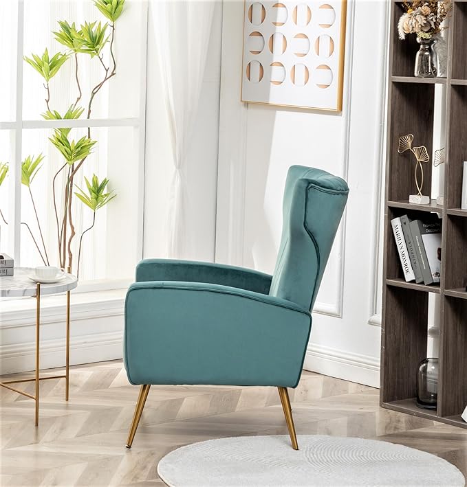 Armchair Modern Velvet Accent Chair, Channel Tufted Bedroom, Office or Living Room Furniture with Elegant Metal Legs, Teal - LeafyLoom