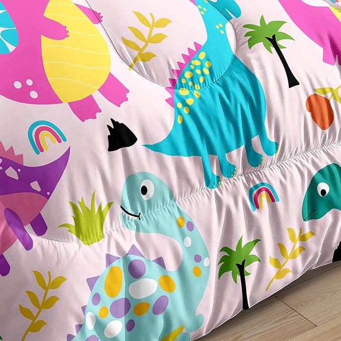 Dinosaur Twin Bedding Set, Cartoon Dinosaur Comforter Set Twin Girl Bedding Set for Girls Room Soft Breathable Dino Quilt Kids Bedding Set for All Season, 1 Comforter 1 Pillowcase - LeafyLoom