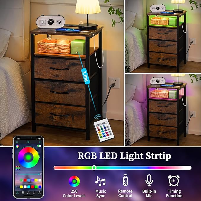 Yoobure Night Stand with Charging Station, 16 Colors LED Nightstand with USB Ports and Outlets, End Table with 3 Fabric Drawers and Storage Shelf, Bedside Tables Small Dresser for Small Space Brown - LeafyLoom