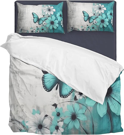 Butterfly Flowers Comforter Sets Queen Size, Vintage Floral Butterfly Kids Bedding Sets for girls Teens 3 Piece Bedroom Decor - LeafyLoom