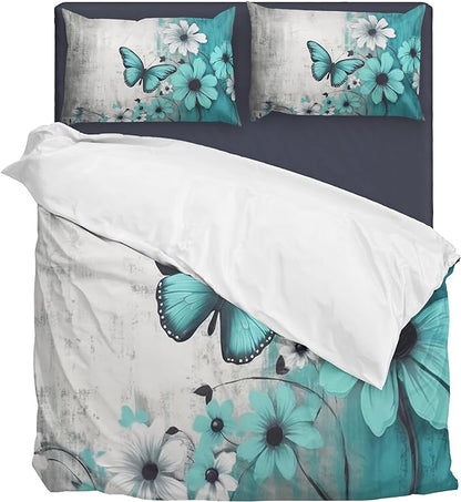 Butterfly Flowers Comforter Sets Full Size, Vintage Floral Butterfly Kids Bedding Sets for girls Teens 3 Piece Bedroom Decor - LeafyLoom