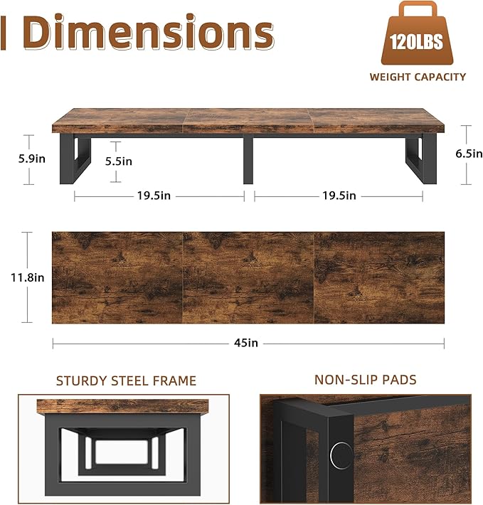 45" Large TV Riser for 32-60 inch TV, TV Riser Stand Shelf with Steel Legs,Tabletop TV Stand Riser for Home Office,Rustic Brown - LeafyLoom