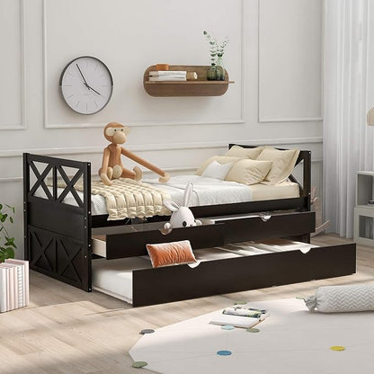 Twin Size Daybed with Storage Drawers and Trundle, Wood Captains Bed frame for Bedroom and Living Room, Espresso - LeafyLoom