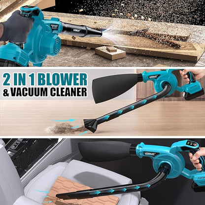 Leaf Blower Cordless for Makita 18V Battery, LIVOWALNY 120CFM 230MPH 2-in-1 Electric Leaf Blowers & Vacuum with 3 Speed Mode for Cleaning Patio, Yard, Sidewalk, Snow, Lawn Care - LeafyLoom