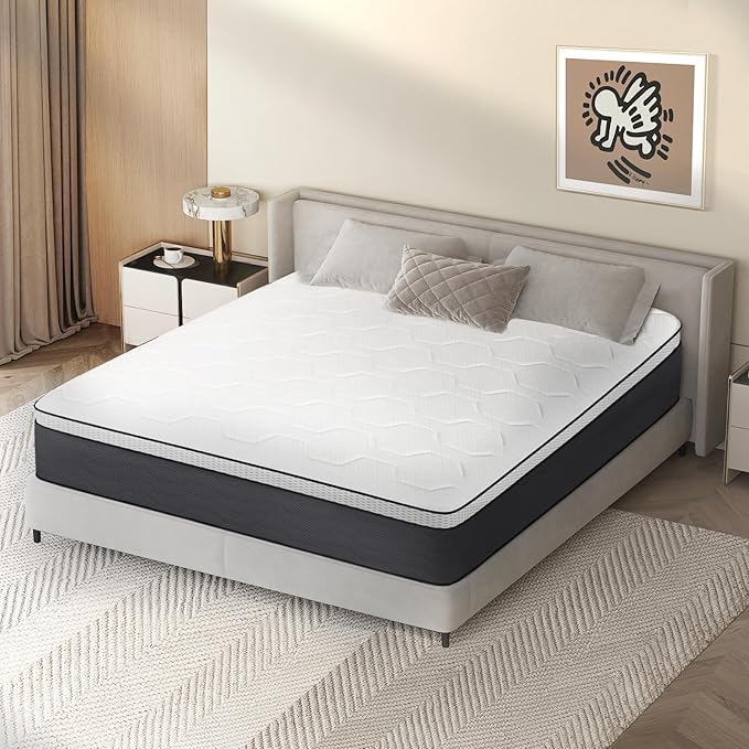 Queen Mattress 14 Inch, Queen Mattresses Hybrid Spring Mattress in a Box, Queen Size Foam Innerspring Mattress with Motion Isolation & Pressure Relief for Queen Bed Frames, Medium Soft, White Grey - LeafyLoom