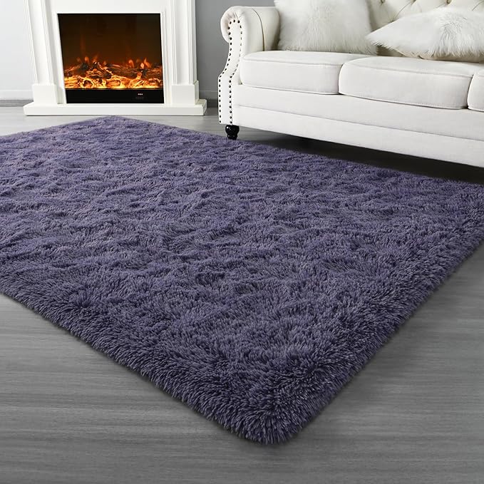 Super Soft Fluffy Shaggy Rugs for Living Room Bedroom, Fuzzy Plush Area Rugs for Girls Kids Room Nursery Home Decor, Furry Dorm Rug Cute Non-Slip Indoor Floor Carpet 5x8 Feet, Grey-Purple - LeafyLoom