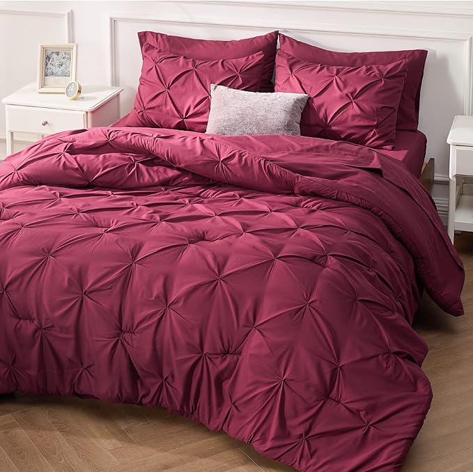 Bedsure King Size Comforter Set - Bedding Set King 7 Pieces, Pintuck Bed in a Bag Burgundy Bed Set with Comforter, Sheets, Pillowcases & Shams - LeafyLoom