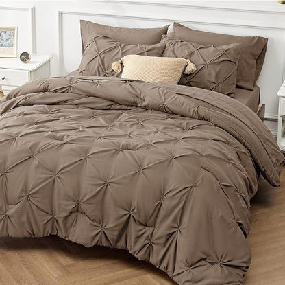 Bedsure Twin XL Comforter Set - Extra Long 5 Pieces Dorm Room Essentials, Pinch Pleat Brown Bed in a Bag with Comforter, Sheets, Pillowcase & Sham, Kids Bedding Set - LeafyLoom