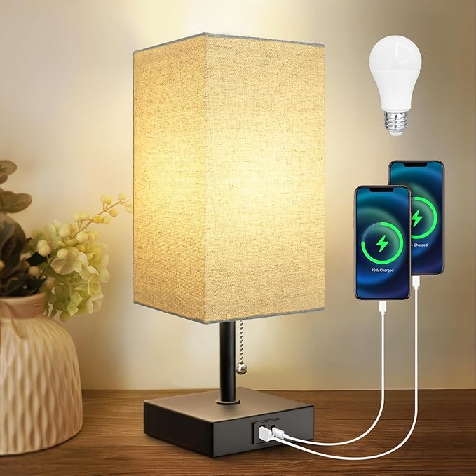 Bedside Lamp for Bedroom with USB Port, Beige Table Lmp with USB C + A Charging Ports, Pull Chain Nightstand Lamp with Fabric Shade for Living Room, Dorm, Home Office (LED Bulb Included) - LeafyLoom