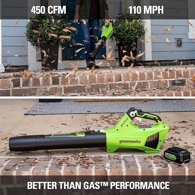 Greenworks 24V (110 MPH / 450 CFM / 125+ Compatible Tools) Cordless Brushless Axial Leaf Blower, 4.0Ah Battery and Charger Included - LeafyLoom