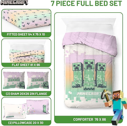 Minecraft Creeper Full Comforter Set - 7 Piece Bedding includes Sheet Set & Pillow Covers - Super Soft Pink & Green Kids Bedding - LeafyLoom