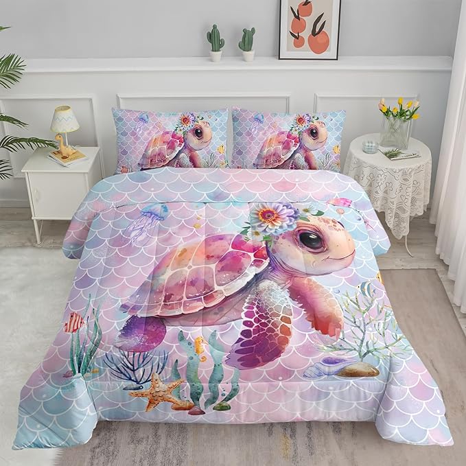 Axolotl Turtle Bedding Set Twin,Colorful Underwater World Comforter Set for Kids Boys Girls Teens,Ocean Comforter Set with Jellyfish,Kids Bedding Set Print Colorful Fish Scales,1 Quilt 2 Pillowcases - LeafyLoom