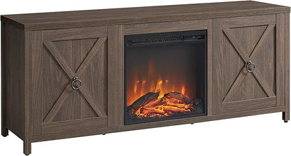 Henn&Hart Rectangular TV Stand with Log Fireplace for TV's up to 65" in Alder Brown, Electric Fireplace TV Stands for the Living Room - LeafyLoom