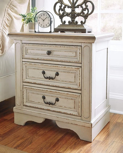 Signature Design by Ashley Realyn French Country 3 Drawer Nightstand with Electrical Outlets & USB Ports, Chipped White - LeafyLoom