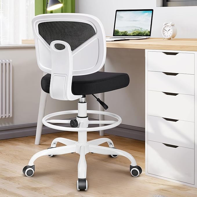 Primy Office Drafting Chair Armless, Tall Office Desk Chair Adjustable Height and Footring, Mid-back Ergonomic Standing Desk Chair Mesh Rolling Tall Chair for Art Room, Office or Home(White) - LeafyLoom