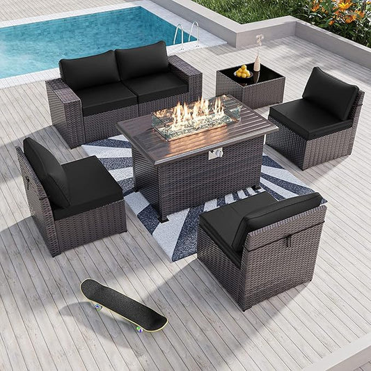 Kullavik 7 Pieces Outdoor Patio Furniture Set with 43" 55000BTU Gas Propane Fire Pit Table PE Wicker Rattan Sectional Sofa Patio Conversation Sets - LeafyLoom