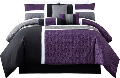 Chezmoi Collection Upland 7-Piece Quilted Patchwork Comforter Set, Purple/Black/Gray, Queen - LeafyLoom