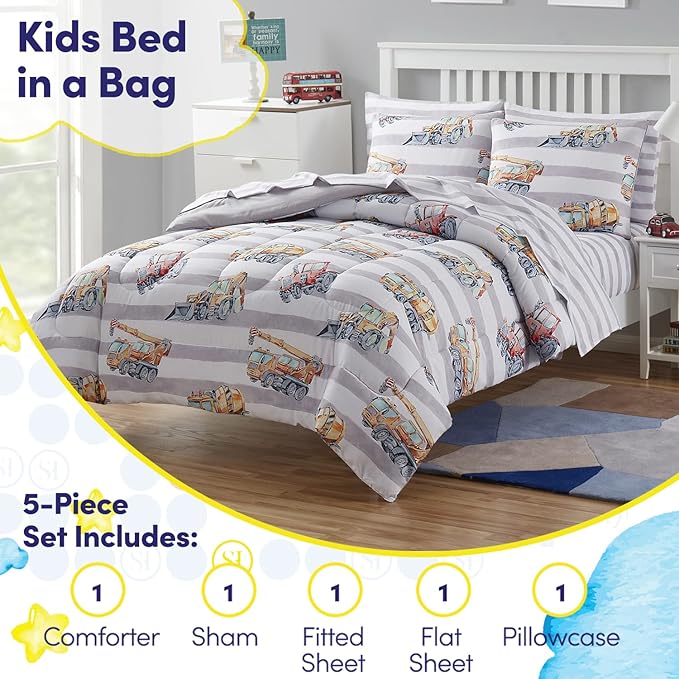 Kids Bedding Set Bed in a Bag for Boys and Girls Toddlers Printed Sheet Set and Comforter , Twin, Trucks - LeafyLoom