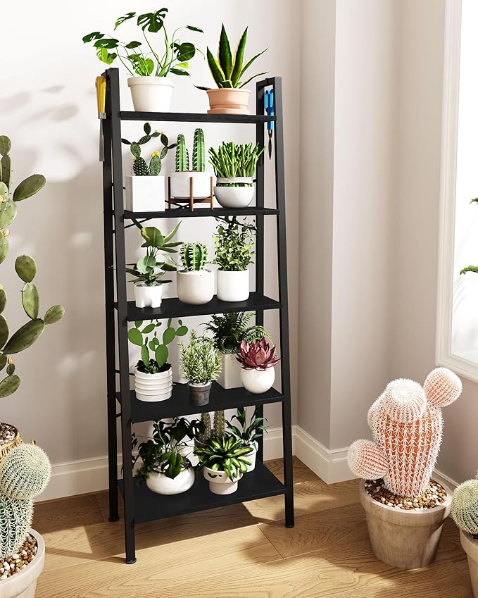 Ladder Shelf, Bookshelf Bookcase, Freestanding Corner Storage Shelve with 2 Hooks for Home Office, Living Room, Kitchen, Bedroom, Industrial, 5-Tier Black BC19304B - LeafyLoom