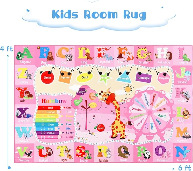 Pink Playroom Rug 4x6,Rugs for Girls Kids Bedroom Nursery Rug,ABC Rug with Alphabets Animals Shapes,Educational and Fun Child Playmat Baby Care Rug,Learning Rug Carpets for Children Toddler - LeafyLoom