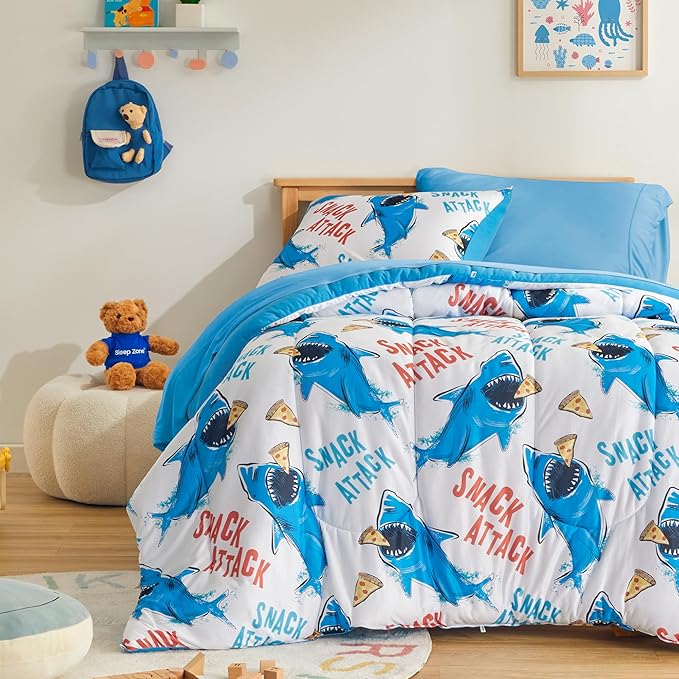 SLEEP ZONE Jersey Knit 3-Piece Full/Queen Size Comforter Set, Lightweight Kids Bedding Sets for All Seasons, Fluffy Soft, Easy Care (Sharks, Full/Queen) - LeafyLoom