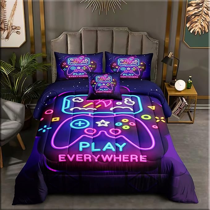 6 Pieces Gamer Bedding Set for Boys Gaming Comforter Full Size, Game Controller Comforter for Teen 3D Gamepad Microfiber 6 Piece Bed in A Bag Kids Bedding Sets with Sheets,DJT H5031 Full - LeafyLoom