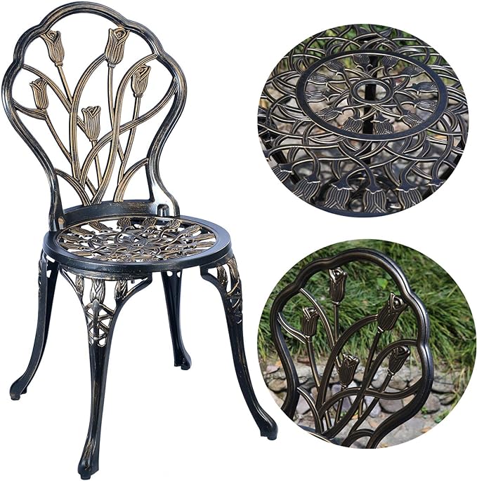 Mandolin Patio Table and Chairs,5 Piece Outdoor Dining Set,Rust-Resistant Cast Aluminum Bistro Set,with Cushion,Tulip Design (Copper) - LeafyLoom