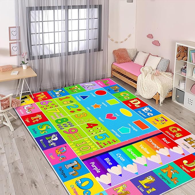 Kids Alphabet Play Game Rug - 6'x9' ABC Numbers and Shapes Educational Learning Toddler Carpet - Kids Room Playroom Classroom Kindergarten Activity Fun Soft Non-Slip Mat - LeafyLoom