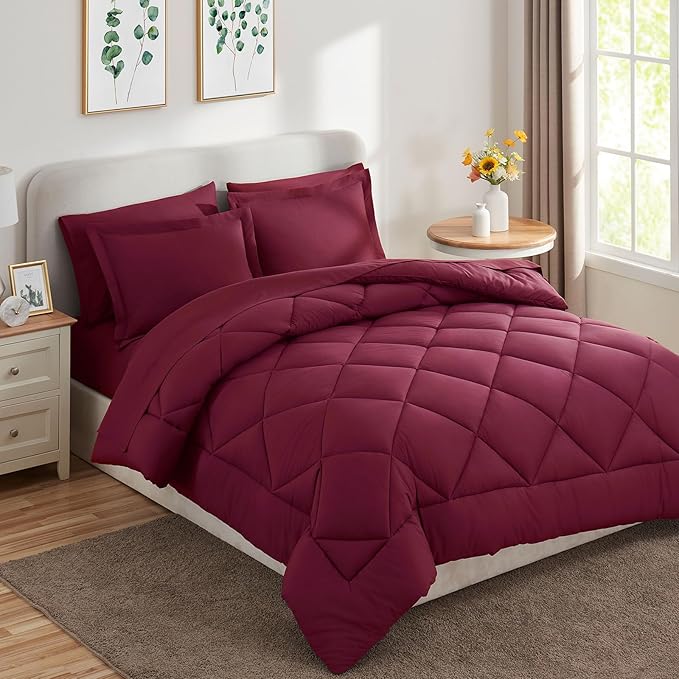 CozyLux Queen Comforter Set with Sheets 7 Pieces Bed in a Bag Burgundy All Season Bedding Sets with Comforter, Pillow Shams, Flat Sheet, Fitted Sheet and Pillowcases, Red, Queen - LeafyLoom