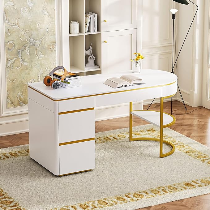 NicBex Laik-DW-00036-DX Desks, 60" W x 26.1" D x 31.9" H, Gold+White - LeafyLoom