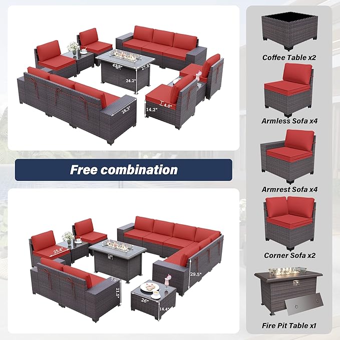 Patio Furniture Sectional Sofa Set 13-Pieces PE Rattan Patio Conversation Set w/43in Gas Fire Pit Table, Outdoor Furniture with 55000 BTU Propane Fire Pit, Red - LeafyLoom