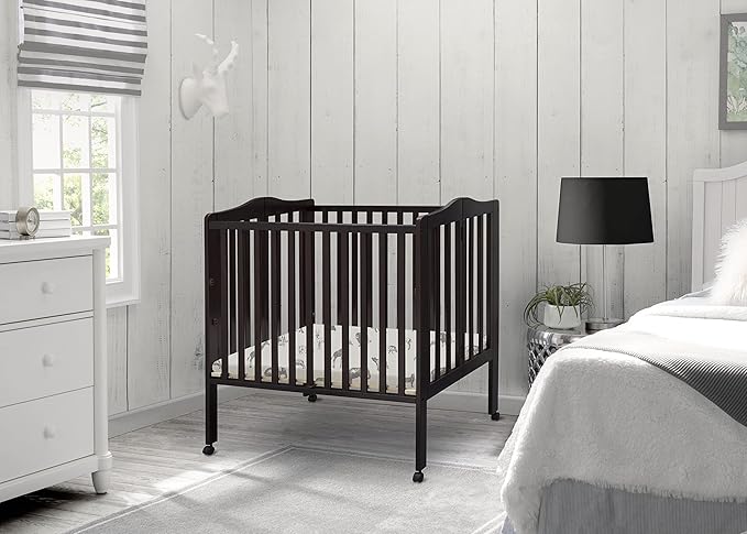 Delta Children Folding Portable Mini Baby Crib with 1.5-inch Mattress, Dark Chocolate - LeafyLoom