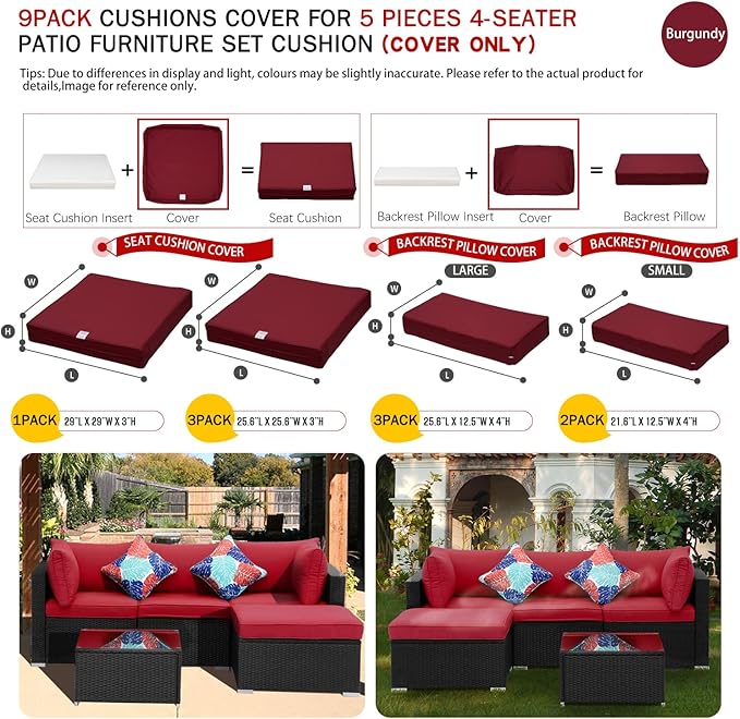 ClawsCover 9Pack Outdoor Seat and Back Cushions Replacement Covers Fit for 5 Pieces 4-Seater Wicker Rattan Patio Conversation Set Sectional Couch Furniture,Burgundy-Include Cover Only (Large) - LeafyLoom