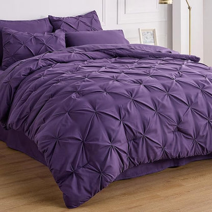 Bedsure Purple Comforter Set Queen - Bed in a Bag Queen 7 Pieces, Pintuck Bedding Sets Purple Bed Set with Comforter, Sheets, Pillowcases & Shams - LeafyLoom