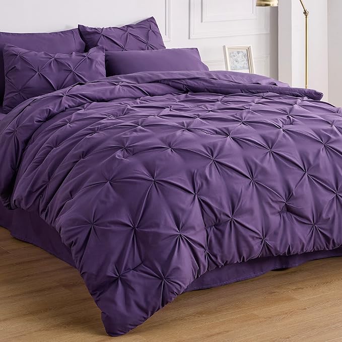 Bedsure California King Comforter Set - Cal King Bed Set 7 Pieces, Pinch Pleat Purple Cali King Bedding Set with Comforter, Sheets, Pillowcases & Shams - LeafyLoom