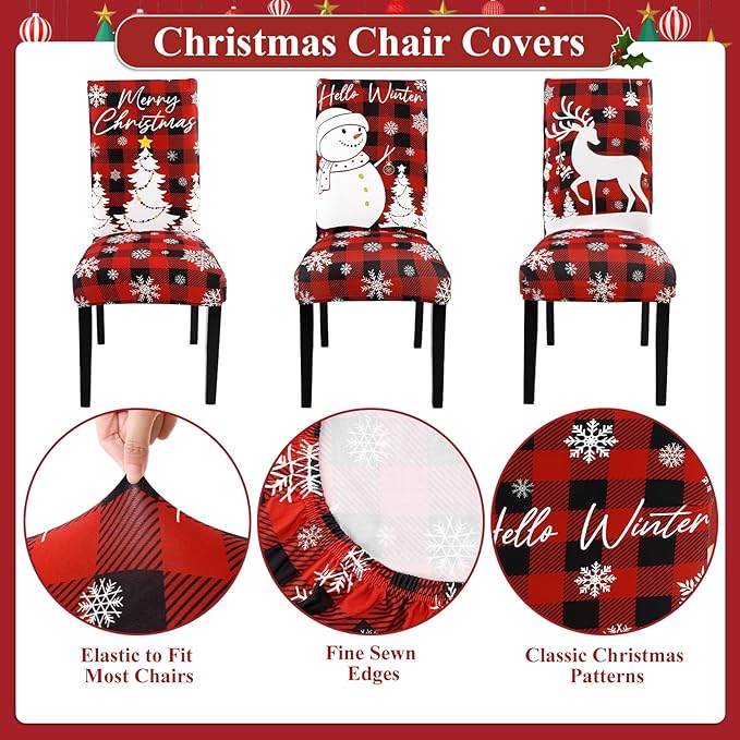 U'Artlines Christmas Chair Covers Set of 6, Removable Washable Merry Christmas Dining Chair Seat Covers Stretch Protector Slipcovers for Dining Room Kitchen Holiday Party Decor, Red Buffalo Plaid UArtlines