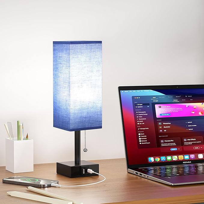 Blue Small Table Lamp for Bedroom - 3 Color Temperature 3000K 5000K 4000K Bedside Lamp, Pull Chain Control, USB A and C Charging Ports, Black Base, for Kids Office Dorm nightstand, Bulb Included - LeafyLoom