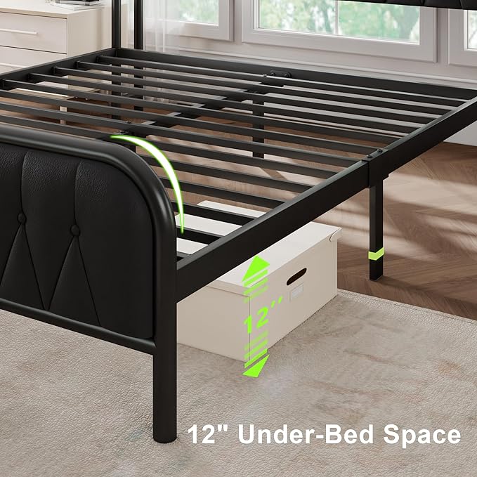 Feonase Queen Bed Frame with Type-C & USB Port, Metal Platform Beds, with Faux Leather Upholstered Headboard & Footboard, 12" Underbed Storage Space, Easy Assembly, Noise-Free, Black - LeafyLoom