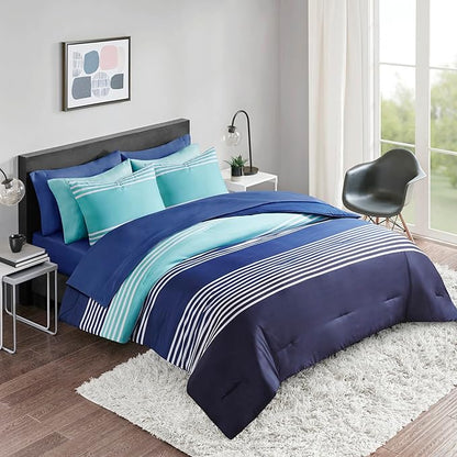 Comfort Spaces Queen Comforter Sets with Sheets - Bed in a Bag 9 Pieces Teen Bedding Sets Queen, Navy and Grey Stripes Bedding Queen, College Queen Bed Set, 2 Side Pocket Bedroom Organizer Queen Navy - LeafyLoom