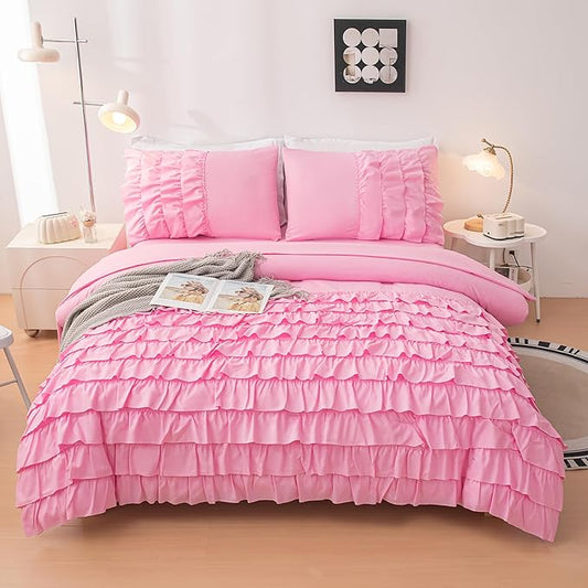 Pink Comforter Set Twin, 5-Piece Bed in a Bag Twin for Teen Girls, Pink Ruffle Bedding Set for Girls Kids, Teen Girls Bedding Sets,Princess Dress Comforter for All Season - LeafyLoom