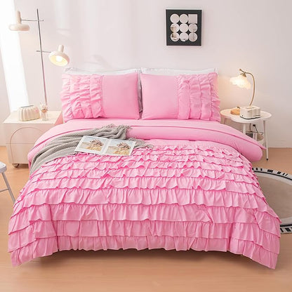 Teen Girls Pink Princess Dress Comforter Set Queen Size, 5 Pcs Bed in a Bag Girls Queen, Girls Pink Ruffled Bedding Set, Teen Bedding Sets for Girls Kids with Sheets - LeafyLoom