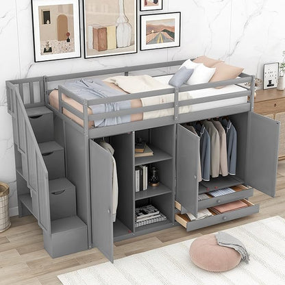 Twin Size Wood Loft Bed, Wooden Loft Bed Frame with 3 Shelves, 2 Wardrobes, 2 Drawers and Storage Staircases for Kids, Teens, Adults, No Box Spring Needed, Gray - LeafyLoom