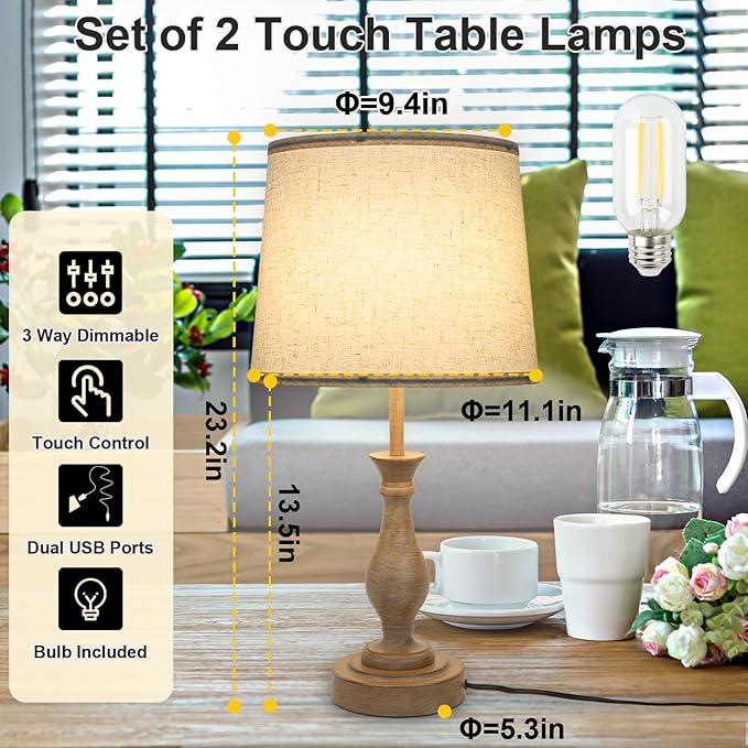 Touch Lamps for Bedrooms Set of 2, Farmhouse Table Lamp with Dual USB Charging Ports, 3 Way Dimmable Nightstand Lamps with Linen Fabric Lampshade for Bedroom, Living Room (Pack2-01A) - LeafyLoom