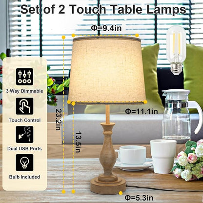 Touch Lamps for Bedrooms Set of 2, Farmhouse Table Lamp with Dual USB Charging Ports, 3 Way Dimmable Nightstand Lamps with Linen Fabric Lampshade for Bedroom, Living Room (Pack2-01A) - LeafyLoom