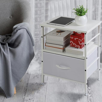 Nightstand,Bedside Tables with Fabric Storage Drawer and Open Wood Shelf,Bedside Furniture,Mesa de Noche with Drawers,Side Table for Bed Frame, Bedroom,Closet,Dorm,White - LeafyLoom